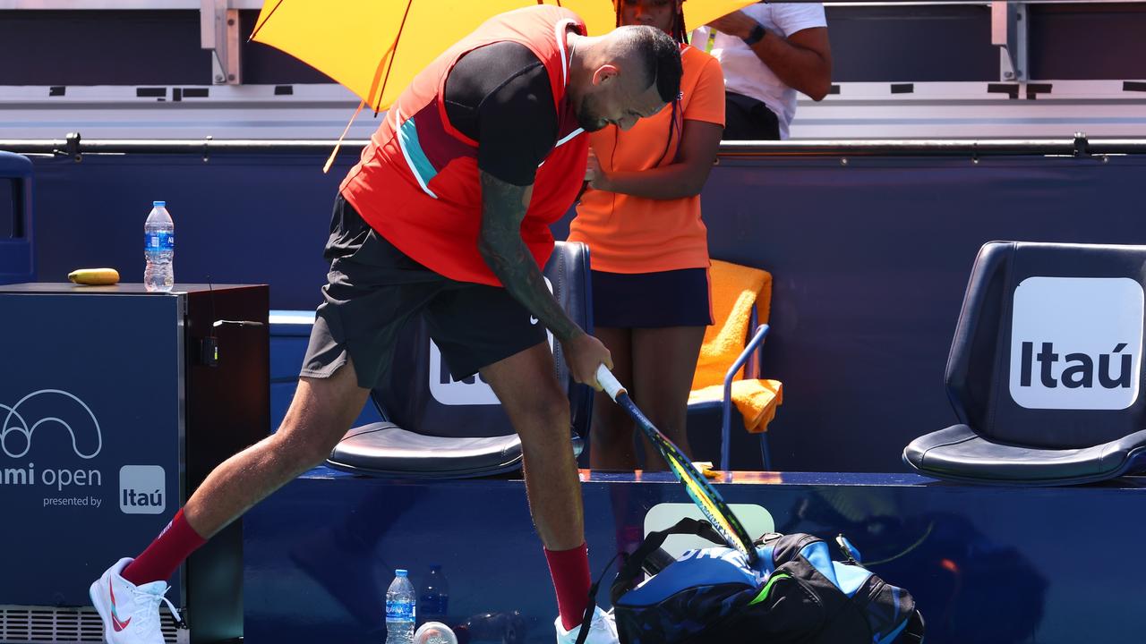 Nick Kyrgios slams his racket in his match against Jannik Sinner at the Miami Open. Photo: Getty Images