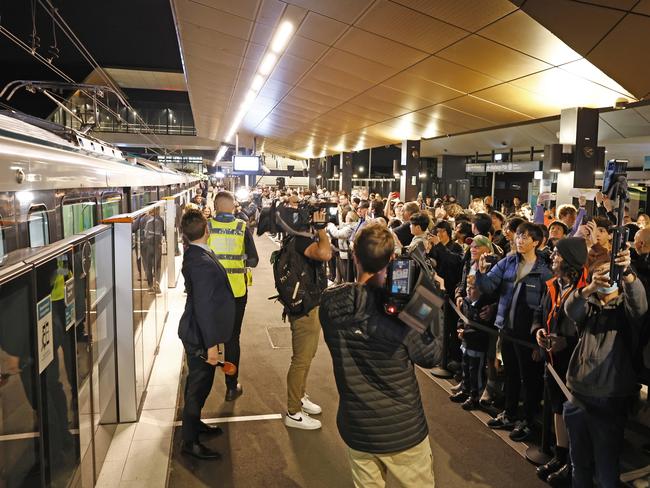 DAILY TELEGRAPH 19TH AUGUST 2024Pictured at Sydenham Station are the first passengers waiting to board the brand new Sydney Metro on its maiden run to Tallawong at 4.54am.Picture: Richard Dobson