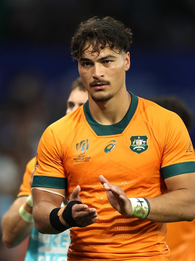 Jordan Petaia of Australia looks after the final whistle of the Rugby World Cup France 2023 match between Australia and Fiji. Picture: Phil Walter/Getty Images.