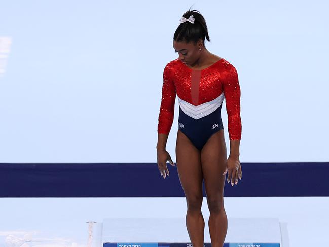 TOKYO, JAPAN - JULY 27: Simone Biles of Team United States competes on vault during the Women's Team Final on day four of the Tokyo 2020 Olympic Games at Ariake Gymnastics Centre on July 27, 2021 in Tokyo, Japan. (Photo by Jamie Squire/Getty Images)