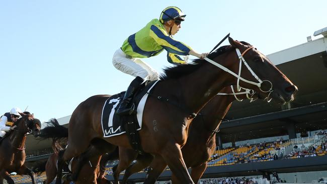 Dylan Gibbons scores a boilover aboard Kalapour in the Group 1 Tancred Stakes at Rosehill on March 30. Picture: Jeremy Ng / Getty Images