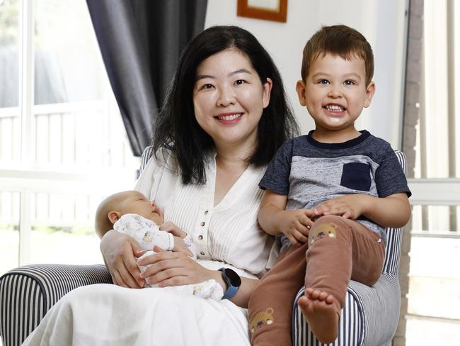 Jamie Lee with her six-week-old daughter Celine and son Nelson. Picture: Richard Dobson