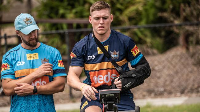 AJ Brimson at pre-season training as he recovers from shoulder surgery. Picture: Gold Coast Titans