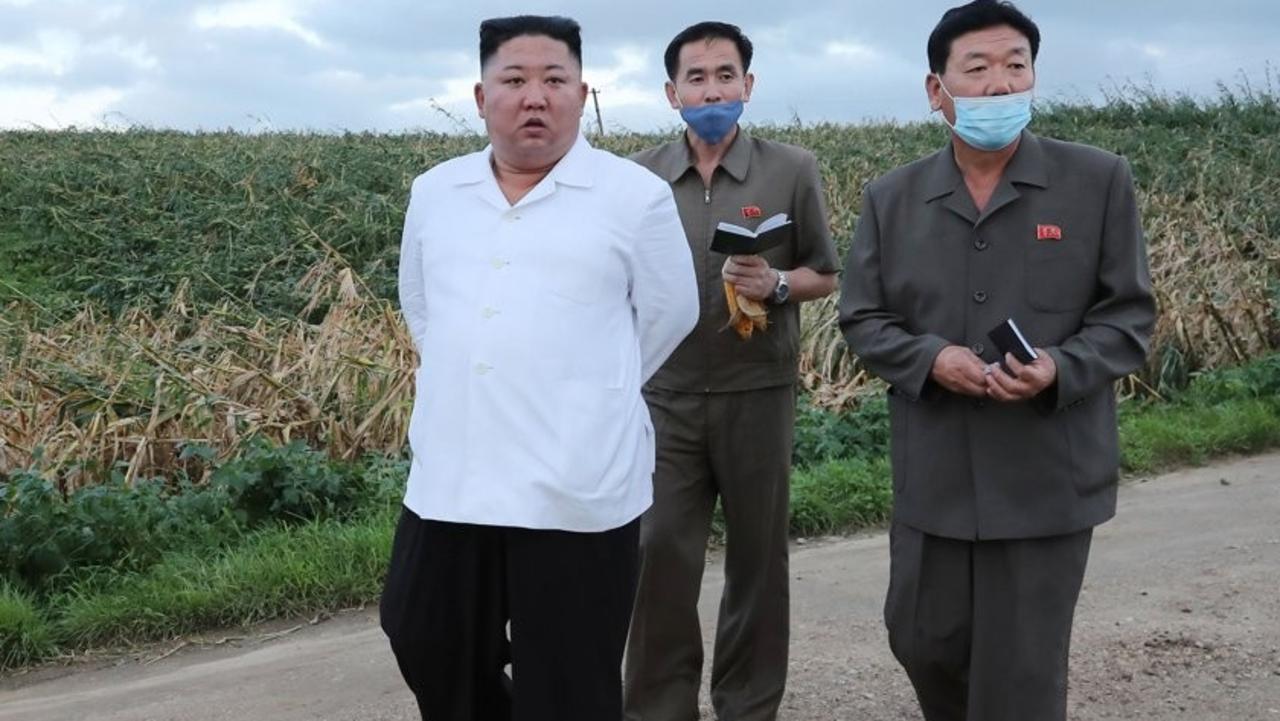 Kim Jong-un is televised visiting Hwanghae-do after typhoon damage. Picture: KCNA/Yonhap