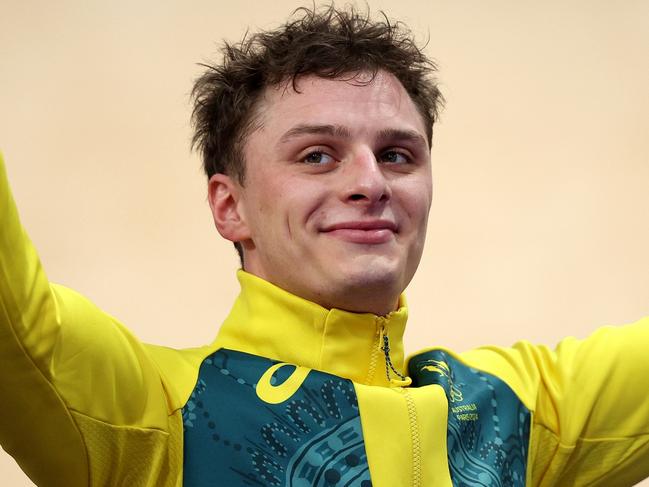 PARIS, FRANCE - AUGUST 11: Silver medalist Matthew Richardson poses on the podium after the Men's Keirin, Final on day sixteen of the Olympic Games Paris 2024 at Saint-Quentin-en-Yvelines Velodrome on August 11, 2024 in Paris, France. (Photo by Jared C. Tilton/Getty Images)