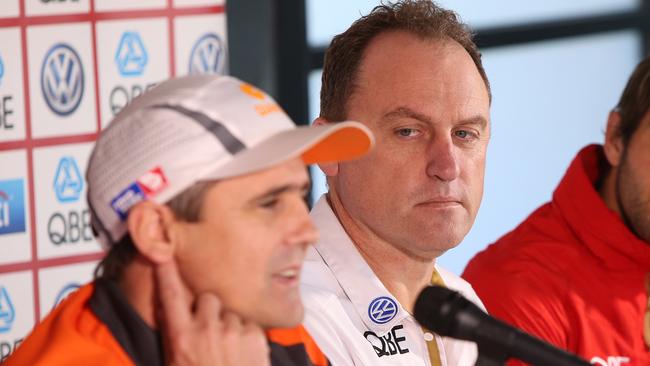 GWS coach Leon Cameron and Sydney coach John Longmire are both under pressure. Picture: Richard Dobson
