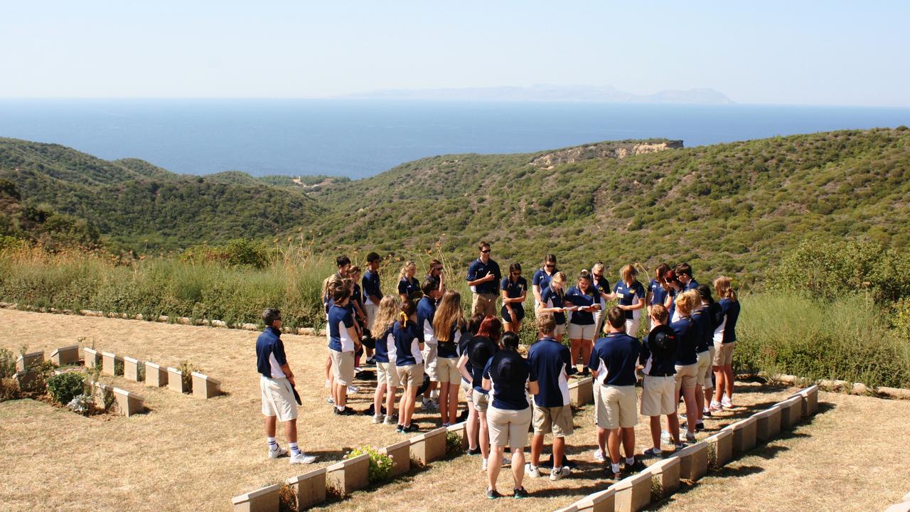 Mackay North State High School 2012 Anzac Tour group commemorating an Australian soldier at Quinn's Post Cemetery, Gallipoli. Picture: Contributed.