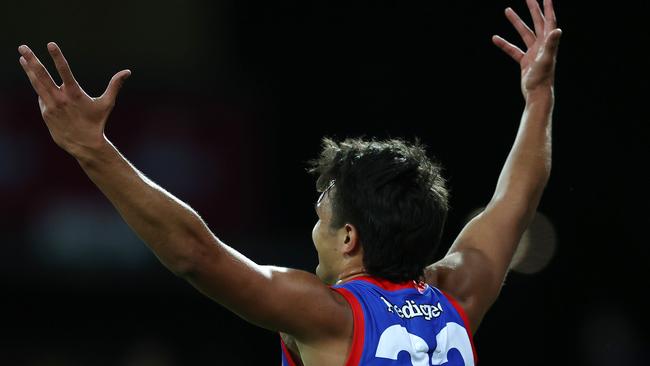 Young Bulldog Jamarra Ugle-Hagan celebrates a third quarter goal. Picture: Michael Klein