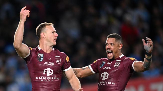 Daly Cherry-Evans of the Maroons celebrates after scoring a try during Game 1 of the 2022 State of Origin series. Picture: AAP Image/Dan Himbrechts