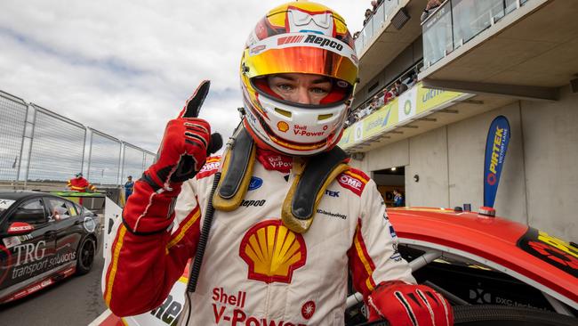 Scott McLaughlin celebrates after winning race 29 of the 2020 Supercars Championship at Tailem Bend. Picture: Mark Horsburgh/Edge Photographics