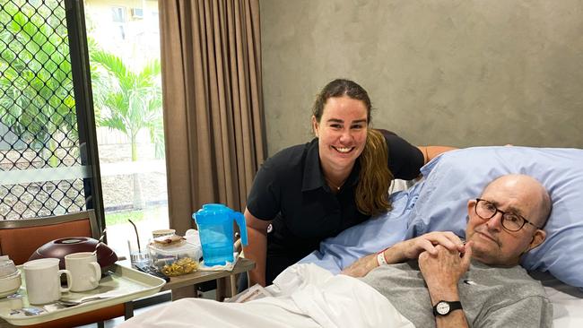 Graduate Registered Nurse Romy Turner with patient Fred Murphy in his new room at CHHHS&#128;&#153; new Sub Acute Care Unit at Oregon St, Manoora. Picture: Supplied