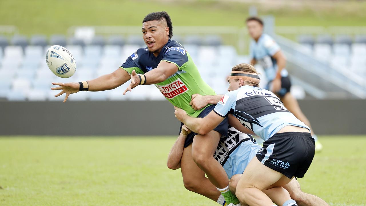 Raiders centre Prinston Esera offloading. Picture: Tim Hunter.