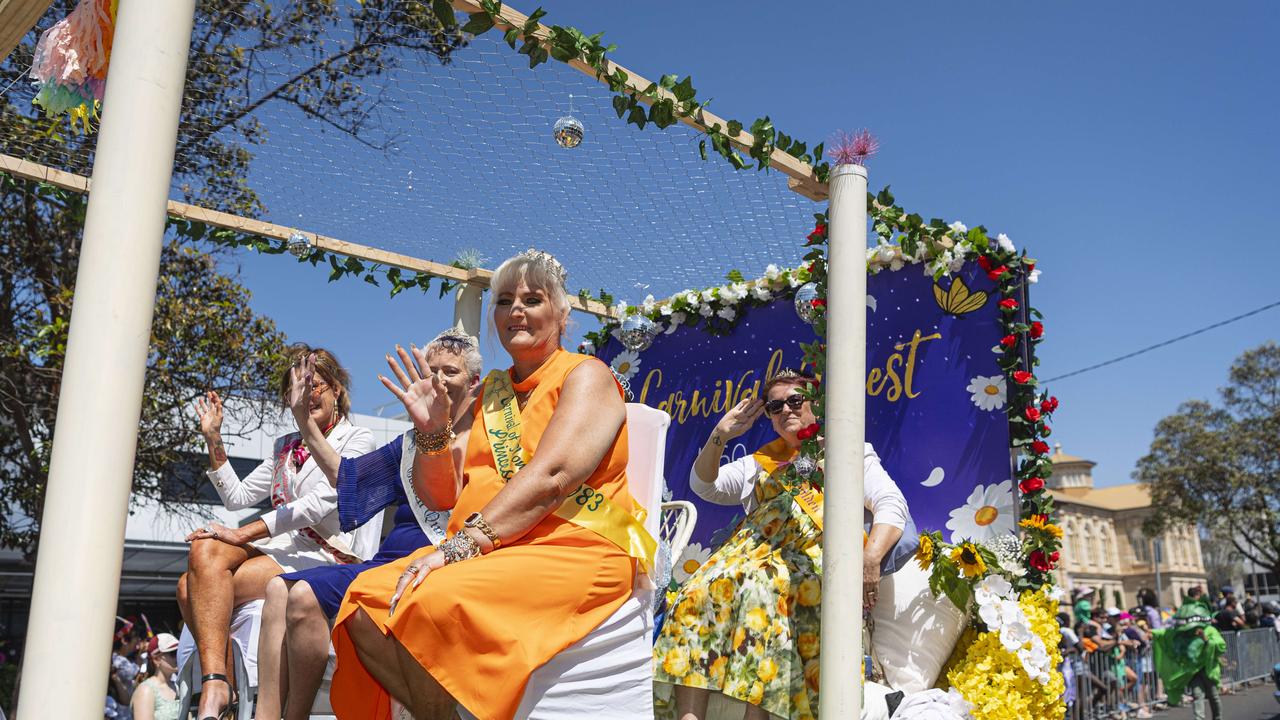 Carnival Quest float featuring previous title holders and entrants in the Grand Central Floral Parade of the Carnival of Flowers, Saturday, September 21, 2024. Picture: Kevin Farmer