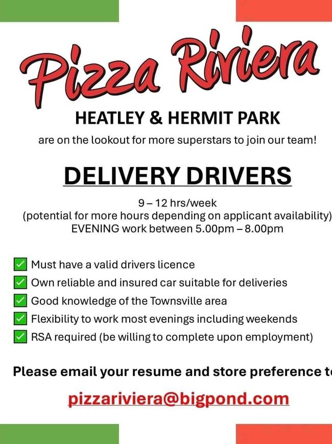 Pizza Riviera is looking to recruit more delivery drivers. Picture: Supplied.