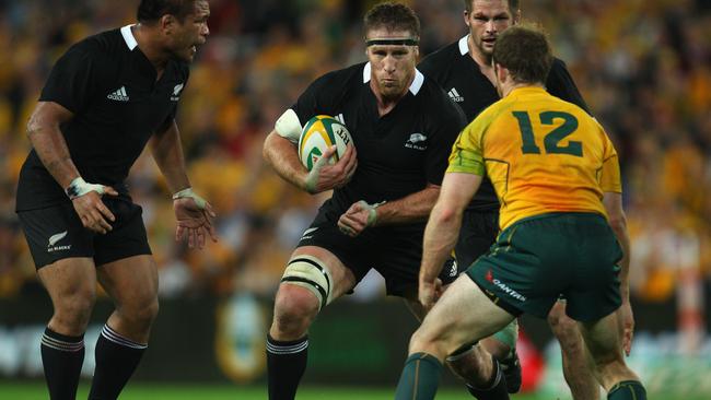 BRISBANE, AUSTRALIA - AUGUST 27: Brad Thorn of the All Blacks is tackeld by Pat McCabe of the Wallabies during the Tri-Nations Bledisloe Cup match between the Australian Wallabies and the New Zealand All Blacks at Suncorp Stadium on August 27, 2011 in Brisbane, Australia. (Photo by Phil Walter/Getty Images)