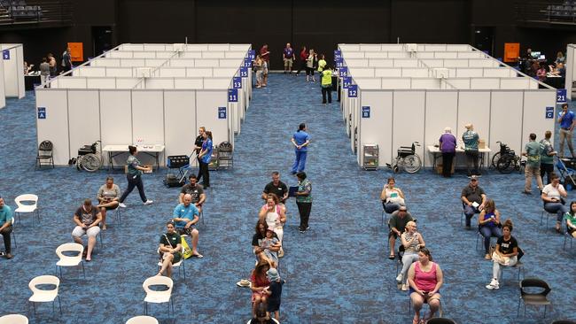 The mass vaccination hub set up in the Cairns Convention Centre. The clinic is capable of administering up to 1500 Covid-19 coronavirus vaccines each day. Picture: Brendan Radke