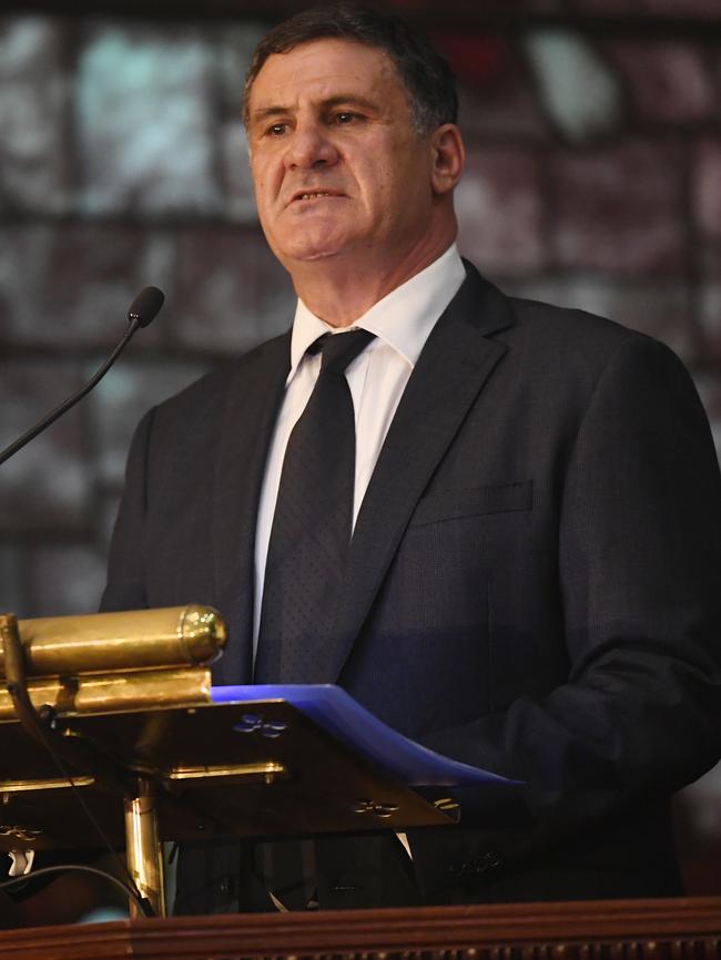 Michael Shelhadie speaks at his father’s funeral. Picture: AAP/David Moir