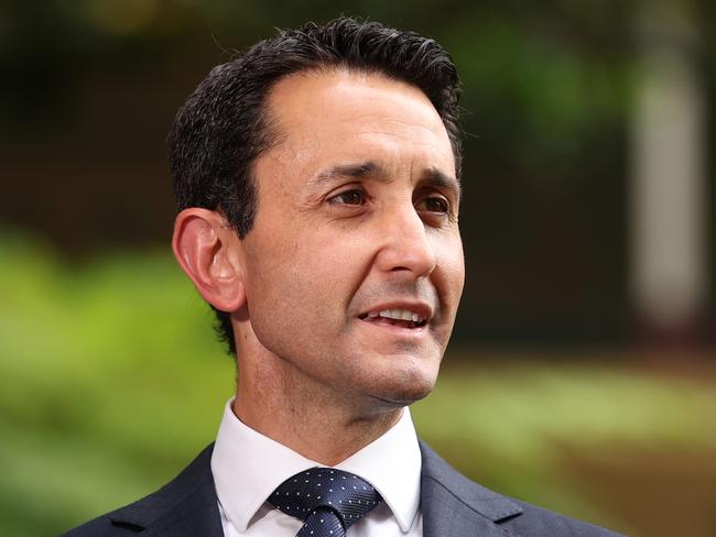 Queenslands new Premier David Crisafulli speaks to media at Parliament House on Sunday morning. Picture Lachie Millard