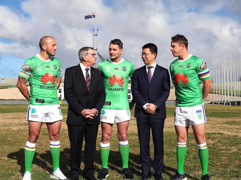 The Huawei Canberra Raiders sponsorship announcement in Canberra in 2019. Huawei Chairman of Huawei Technologies John Lord and CEO Hudson Lui at the event in Canberra. Josh Hodgson, Huawei Chairman of Huawei Technologies John Lord, Jarrad Crocker, Huawei CEO Hudson Lui and Sam Williams. Picture Gary Ramage