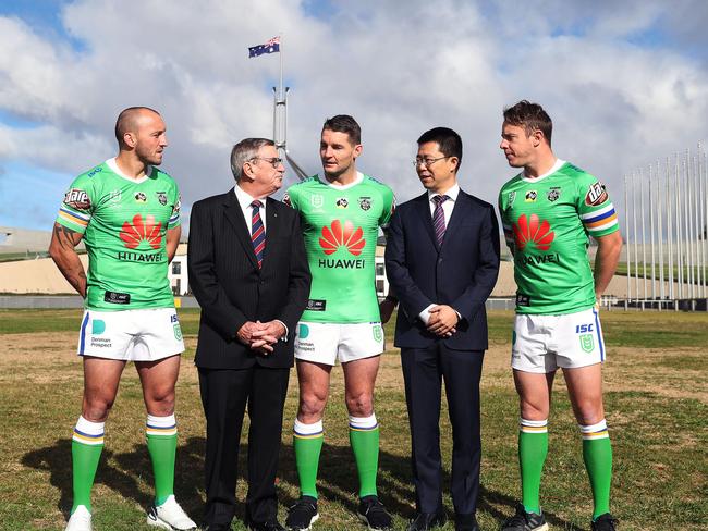 The Huawei Canberra Raiders sponsorship announcement in Canberra in 2019. Huawei Chairman of Huawei Technologies John Lord and CEO Hudson Lui at the event in Canberra. Josh Hodgson, Huawei Chairman of Huawei Technologies John Lord, Jarrad Crocker, Huawei CEO Hudson Lui and Sam Williams. Picture Gary Ramage