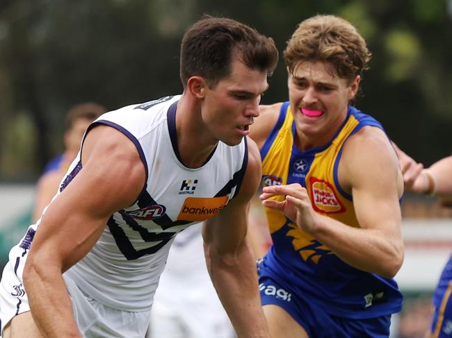 PERTH, AUSTRALIA - FEBRUARY 24: Jaeger O'Meara of the Dockers in action during an AFL practice match between West Coast Eagles and Fremantle Dockers at Mineral Resources Park on February 24, 2024 in Perth, Australia. (Photo by Will Russell/Getty Images)