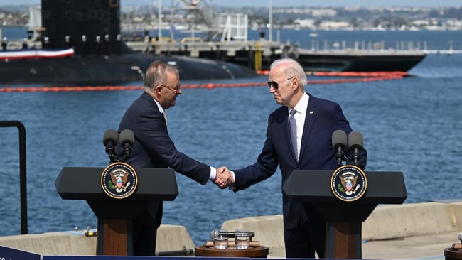 Joe Biden and Anthony Albanese shake hands on the AUKUS deal in San Diegao. Picture: Getty Images.