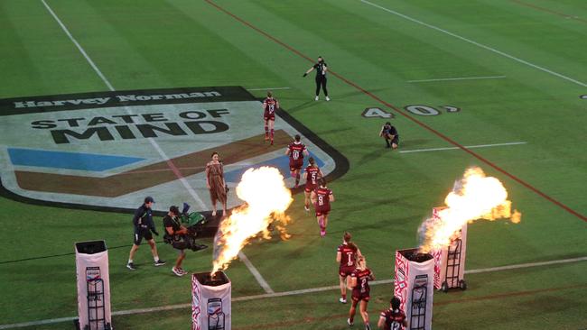 Queensland run out at the Women's State of Origin game at Sunshine Coast Stadium on Friday, November 13. Picture: Tom Threadingham