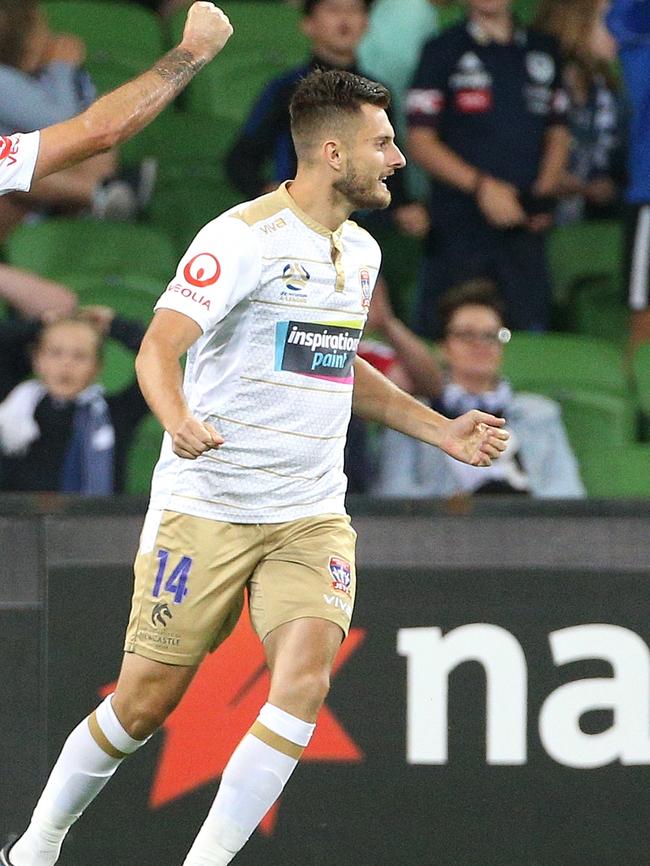 Kaine Sheppard celebrates a goal for Newcastle Jets. 