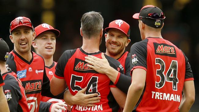 The Melbourne Renegades celebrate their 2018-19 BBL final win at Marvel Stadium.