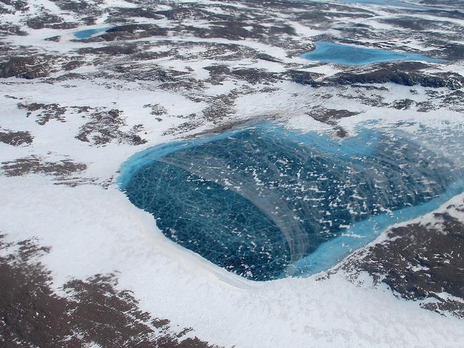 A frozen meltwater lake along the northeast Greenland coast. Picture: NASA