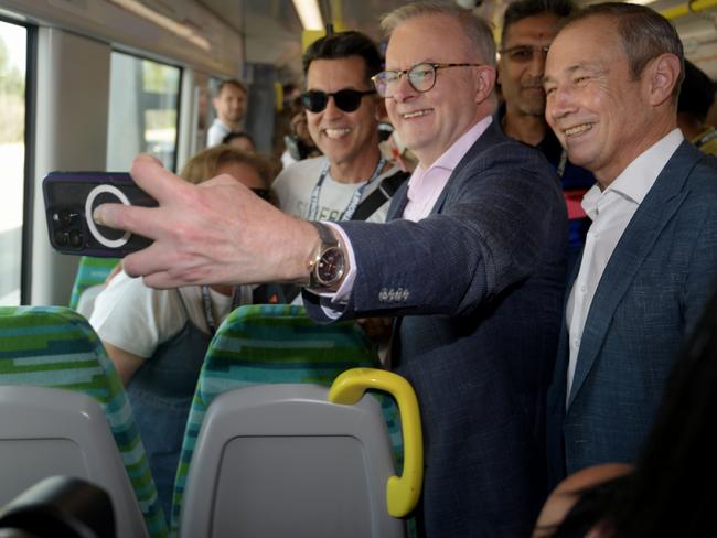 PERTH, AUSTRALIA - NewsWire Photos - 8 DECEMBER 2024:  Prime Minister Anthony Albanese joins Premier Roger Cook & Rita Saffioti on the newly opened Ellenbrook train line via Metronet.Picture: NewsWire / Sharon Smith