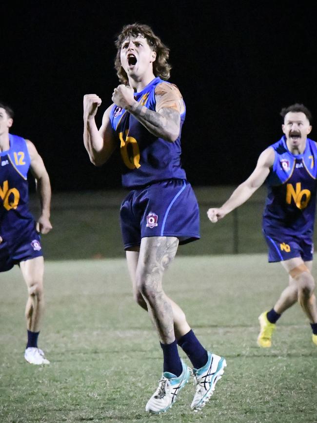 Joel Mitchell celebrates a goal in the South Queensland vs North Queensland men's intrastate representative clash at Bond University Oval. Picture: Highflyer Images.