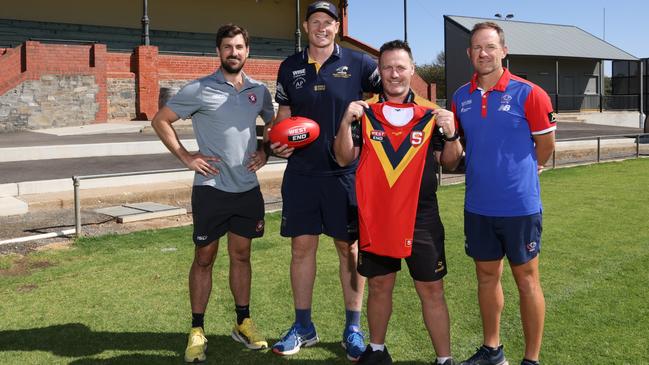 State coaches Sam Mayes, Sam Jacobs, Darren Reeves and Paul Thomas at the updated Tanunda Football ground in the Barossa valley. Monday, March 3, 2025. (SANFL Image/David Mariuz)