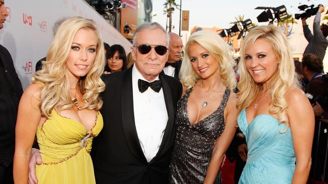 Hugh Hefner with Kendra Wilkinson, Holly Madison and Bridget Marquardt. Picture: Frazer Harrison/Getty Images for AFI