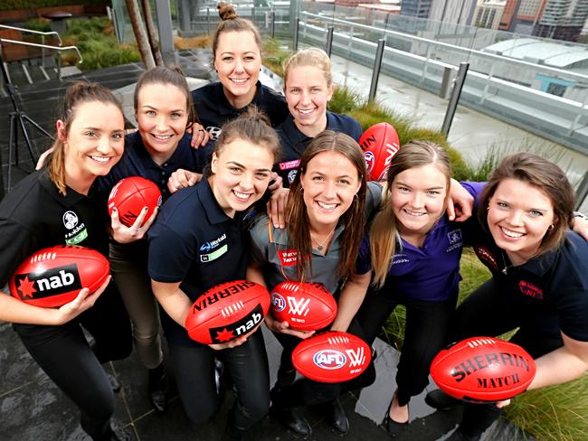 WOMENS AFL DRAFT. (Collingwood) Nicola Stevens, (Brisbane) Emily Bates (Carlton) Bianca Jakobsson (Adelaide) Ebony Marinoff, (Western Bulldogs) Jaimee Lambert, (GWS) Nicola Barr, (Fremantle) Hayley Miller and (Melbourne) Elise O'Dea. Picture: Tim Carrafa