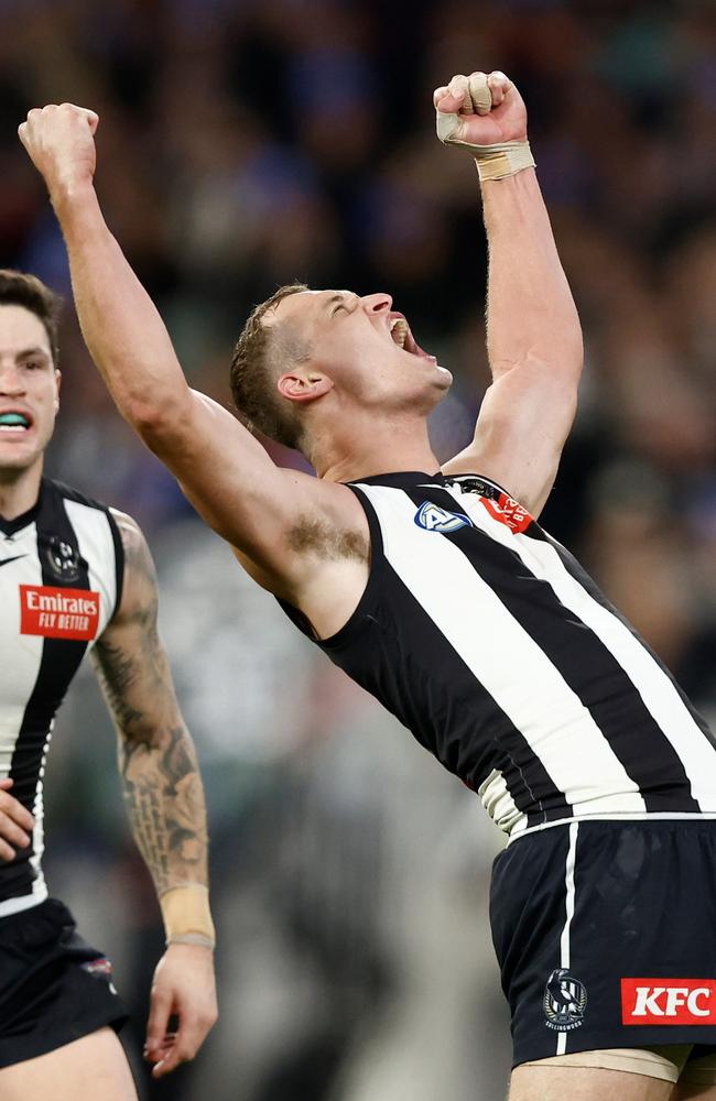 Nathan Kreuger admitted he may have over-celebrated his first-half goals for Collingwood. Picture: Michael Willson/AFL Photos via Getty Images.