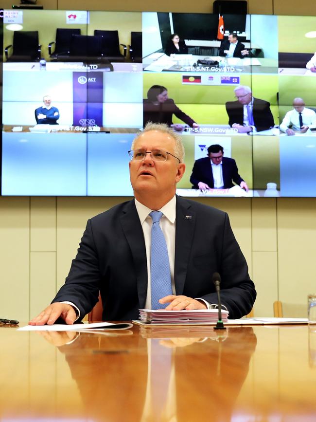 Prime Minister Scott Morrison speaks in a National Cabinet meeting in August. Picture: Adam Taylor/PMO