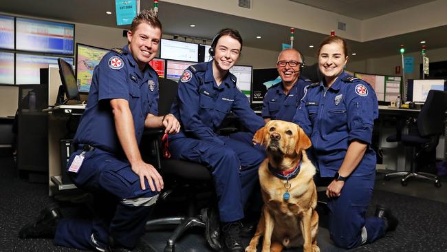 NSW Ambulance triple-0 call takers Grant O’Brien, Rosie Tomkins, Nick Boxall and Sarah Black. Picture: Tim Hunter