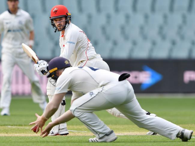 Chadd Sayers of the Redbacks bats during day 4 of the Marsh Sheffield Shield cricket match between the South Australia Redbacks and the Victoria Bushrangers at Adelaide Oval in Adelaide, Monday, March 9, 2020. (AAP Image/David Mariuz) NO ARCHIVING, EDITORIAL USE ONLY, IMAGES TO BE USED FOR NEWS REPORTING PURPOSES ONLY, NO COMMERCIAL USE WHATSOEVER, NO USE IN BOOKS WITHOUT PRIOR WRITTEN CONSENT FROM AAP