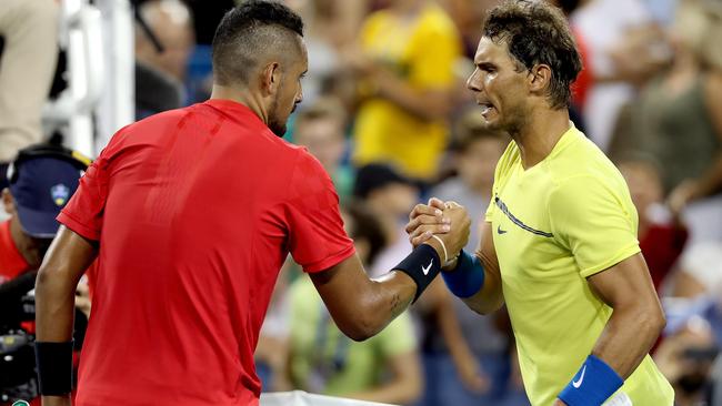 Nick Kyrgios is congratulated by Rafael Nadal of Spain after their match during day 7 of the Western &amp; Southern Open at the Lindner Family Tennis Center on August 18, 2017 in Mason, Ohio. (Photo by Matthew Stockman/Getty Images)