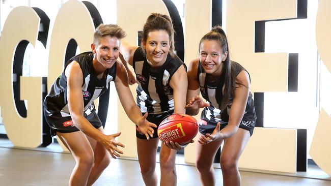 Collingwood women's leadership ... captain Stephanie Chiocci (middle) with new vice-captains Emma Grant, (left) and Brittany Bonnici. Picture Yuri Kouzmin