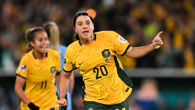 Sam Kerr celebrating scoring her team's first goal during the Australia and New Zealand 2023 Women's World Cup semi-final football match between Australia and England at Stadium Australia in Sydney. Photo: Izhar Khan.