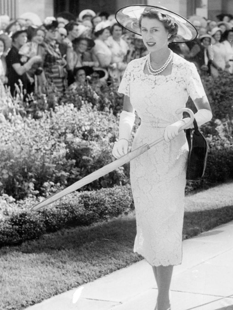 Queen Elizabeth II shows off her fashion style during her Royal Tour of Sydney in 1954.