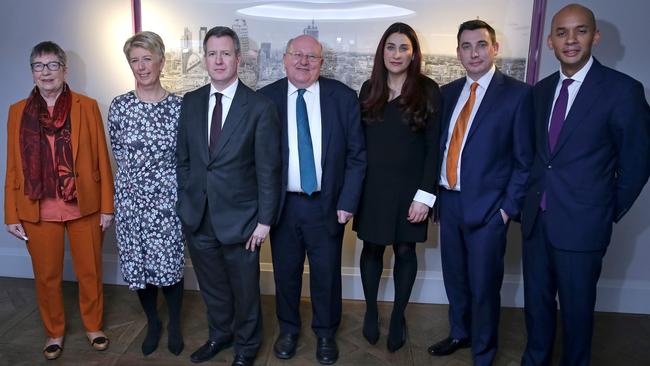 Nine British Labour MPs quit over the party’s anti-Semitism in 2019, including Joan Ryan, pictured second-left, and Mike Gapes, centre. Picture: AFP