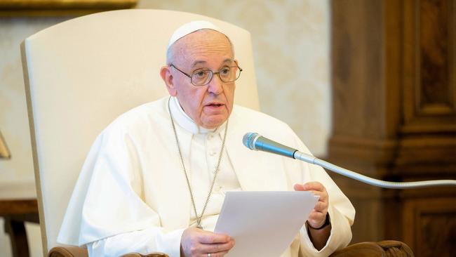 Pope Francis holding a weekly live streamed private audience from the library of the apostolic palace in The Vatican. Picture: AFP