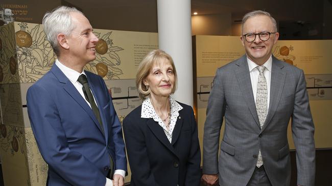 Immigration Minister Andrew Giles, anti-Semitism envoy Jillian Segal and Prime Minister Anthony Albanese at the Sydney Jewish Museum. Picture: NewsWire / John Appleyard