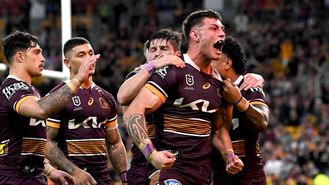 Jordan Riki gave the Broncos hope with a try but they couldn’t reel in the Tigers. Picture: Bradley Kanaris/Getty Images