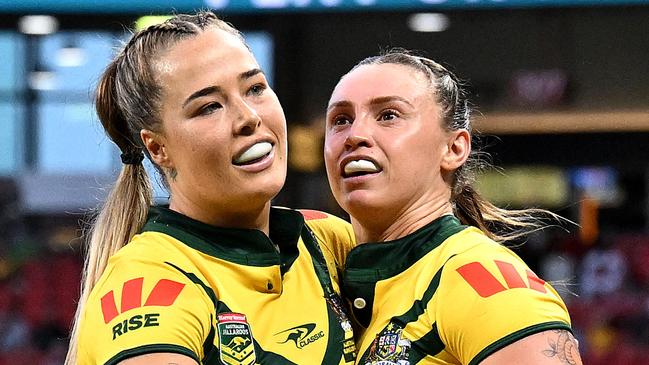 BRISBANE, AUSTRALIA - OCTOBER 18: Julia Robinson of the Jillaroos celebrates after scoring a try during the women's 2024 Pacific Championships match between Australia Jillaroos and PNG Orchids at Suncorp Stadium on October 18, 2024 in Brisbane, Australia. (Photo by Bradley Kanaris/Getty Images)