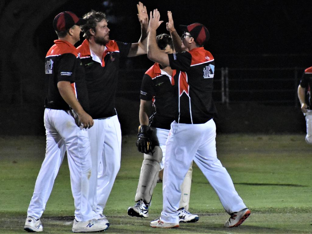 Lawrence celebrate a wicket during the 2020/21 CRCA Cleavers Mechanical Twenty20 Night Cricket round 8 clash against TLE Tucabia Copmanhurst at McKittrick Park on Wednesday, 9th December, 2020. Photo Bill North / The Daily Examiner