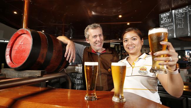 The Alehouse and restaurant evolved from the success of the brewery tours and somewhere along the way XXXX forgot to get the council’s approval. James Scriven and Klariz Danao at XXXX Ale House. (AAP Image/Josh Woning)